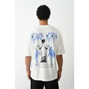 Unisex Baskılı Oversize T-Shirt - Beyaz