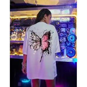 Unisex Baskılı Oversize T-Shirt - Beyaz