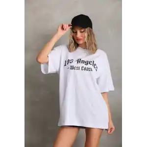 Unisex Baskılı Oversize T-Shirt - Beyaz