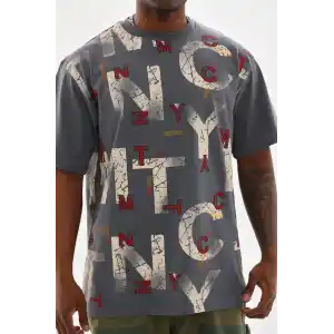 Unisex Baskılı Oversize T-Shirt - Füme