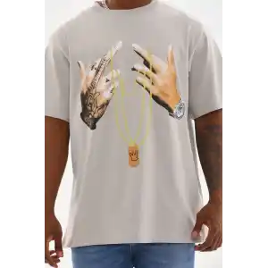 Unisex Baskılı Oversize T-Shirt - Gri