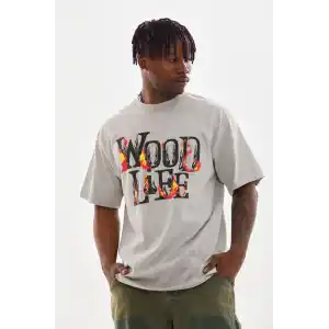 Unisex Baskılı Oversize T-Shirt - Gri