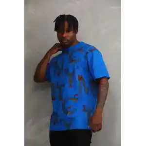 Unisex Baskılı Oversize T-Shirt - Mavi