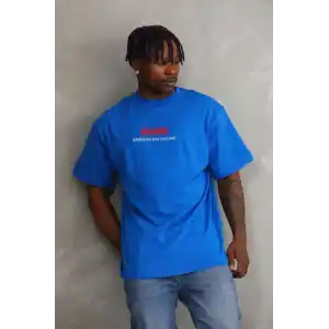 Unisex Baskılı Oversize T-Shirt - Mavi