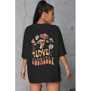 Unisex Baskılı Oversize T-Shirt - Siyah