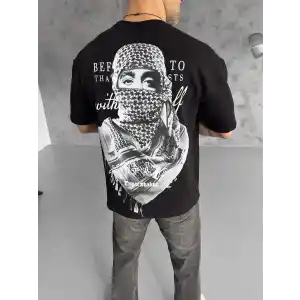 Unisex Baskılı Oversize T-Shirt - Siyah