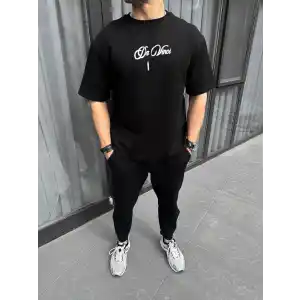 Unisex Baskılı Oversize T-Shirt - Siyah