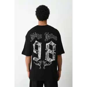 Unisex Baskılı Oversize T-Shirt - Siyah