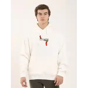 Unisex Baskılı Oversize Üç İplik Kapüşonlu Sweatshirt - Beyaz