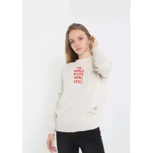 Unisex Bisiklet Yaka Baskılı Dokuma Triko - Bej