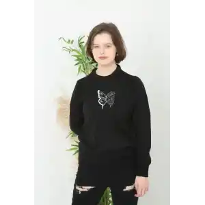 Unisex Bisiklet Yaka Baskılı Dokuma Triko - Siyah