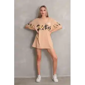 Unisex Bisiklet Yaka Baskılı Oversize T-Shirt - Bej