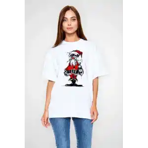 Unisex Bisiklet Yaka Baskılı Oversize T-Shirt - Beyaz