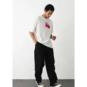 Unisex Bisiklet Yaka Baskılı Oversize T-Shirt - Beyaz