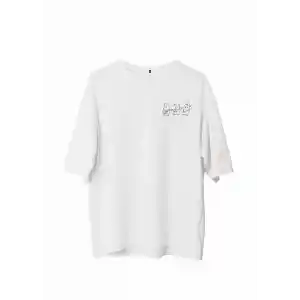 Unisex Bisiklet Yaka Baskılı Oversize T-Shirt - Beyaz