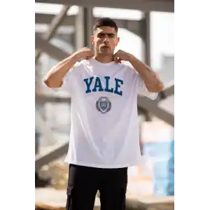 Unisex Bisiklet Yaka Baskılı Oversize T-Shirt - Beyaz