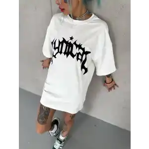 Unisex Bisiklet Yaka Baskılı Oversize T-Shirt - Beyaz