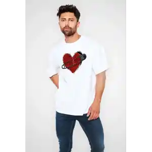 Unisex Bisiklet Yaka Baskılı Oversize T-Shirt - Beyaz