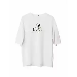 Unisex Bisiklet Yaka Baskılı Oversize T-Shirt - Beyaz