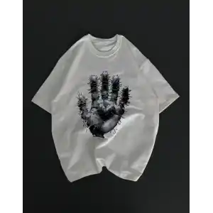 Unisex Bisiklet Yaka Baskılı Oversize T-Shirt - Beyaz