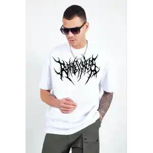 Unisex Bisiklet Yaka Baskılı Oversize T-Shirt - Beyaz