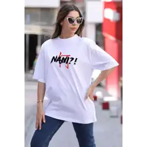 Unisex Bisiklet Yaka Baskılı Oversize T-Shirt - Beyaz