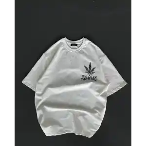 Unisex Bisiklet Yaka Baskılı Oversize T-Shirt - Beyaz