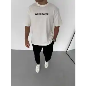 Unisex Bisiklet Yaka Baskılı Oversize T-Shirt - Beyaz