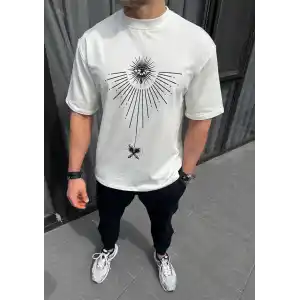 Unisex Bisiklet Yaka Baskılı Oversize T-Shirt - Beyaz