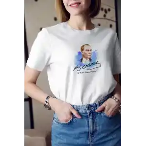 Unisex Bisiklet Yaka Baskılı Oversize T-Shirt - Beyaz