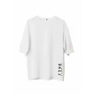 Unisex Bisiklet Yaka Baskılı Oversize T-Shirt - Beyaz