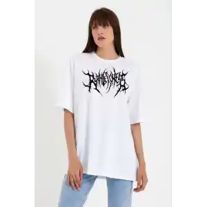 Unisex Bisiklet Yaka Baskılı Oversize T-Shirt - Beyaz