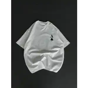 Unisex Bisiklet Yaka Baskılı Oversize T-Shirt - Beyaz