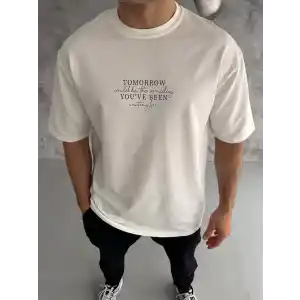 Unisex Bisiklet Yaka Baskılı Oversize T-Shirt - Beyaz