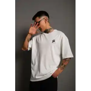 Unisex Bisiklet Yaka Baskılı Oversize T-Shirt - Beyaz