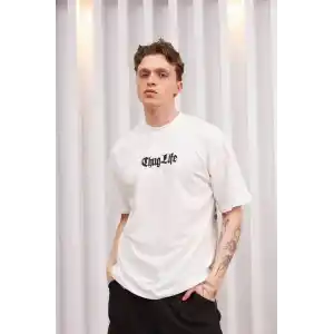 Unisex Bisiklet Yaka Baskılı Oversize T-Shirt - Beyaz