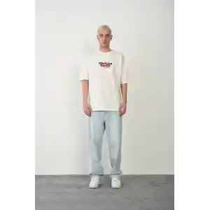 Unisex Bisiklet Yaka Baskılı Oversize T-Shirt - Beyaz