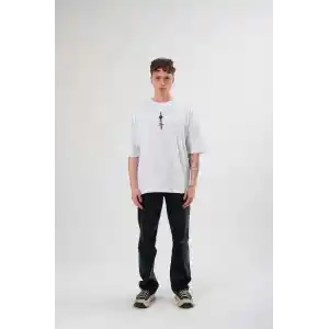 Unisex Bisiklet Yaka Baskılı Oversize T-Shirt - Beyaz