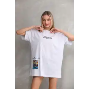 Unisex Bisiklet Yaka Baskılı Oversize T-Shirt - Beyaz