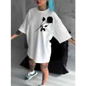 Unisex Bisiklet Yaka Baskılı Oversize T-Shirt - Beyaz