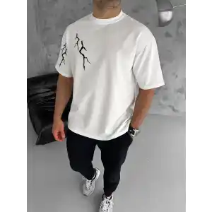 Unisex Bisiklet Yaka Baskılı Oversize T-Shirt - Beyaz