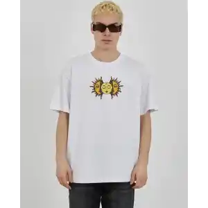 Unisex Bisiklet Yaka Baskılı Oversize T-Shirt - Beyaz