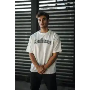 Unisex Bisiklet Yaka Baskılı Oversize T-Shirt - Beyaz