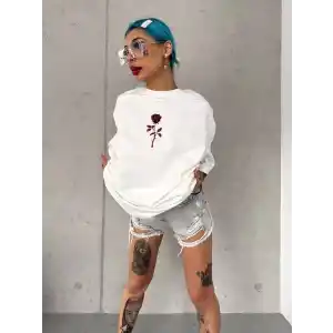 Unisex Bisiklet Yaka Baskılı Oversize T-Shirt - Beyaz