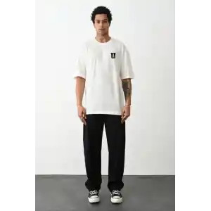 Unisex Bisiklet Yaka Baskılı Oversize T-Shirt - Beyaz