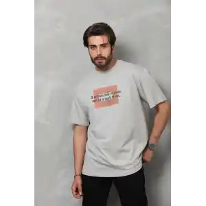 Unisex Bisiklet Yaka Baskılı Oversize T-Shirt - Gri