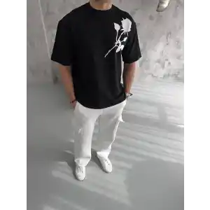 Unisex Bisiklet Yaka Baskılı Oversize T-Shirt - Siyah