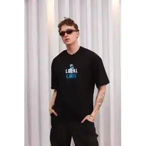 Unisex Bisiklet Yaka Baskılı Oversize T-Shirt - Siyah