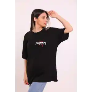 Unisex Bisiklet Yaka Baskılı Oversize T-Shirt - Siyah