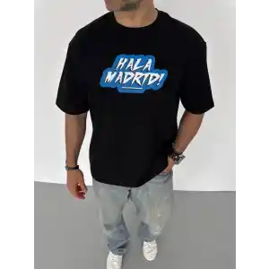 Unisex Bisiklet Yaka Baskılı Oversize T-Shirt - Siyah